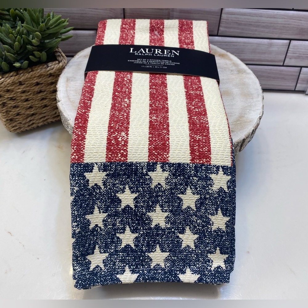 Ralph Lauren❤️ Patriotic Stars & Stripes print  Cotton (2) KITCHEN TOWELS  NWT